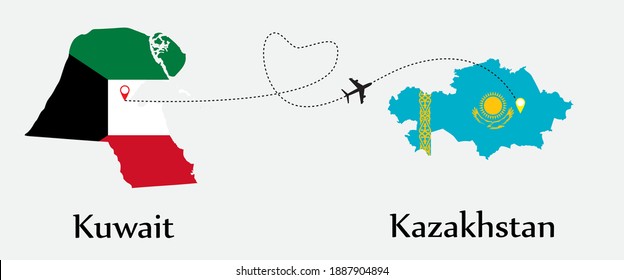 Airplane transport from Kuwait to Kazakhstan. Concept a good tour travel and business of both country. And flags symbol on maps. EPS.file.
