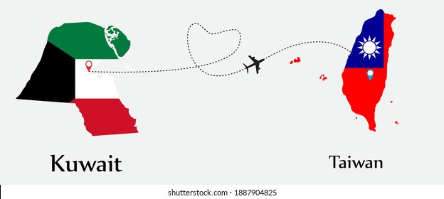 Airplane transport from Kuwait to Taiwan. Concept a good tour travel and business of both country. And flags symbol on maps. EPS.file.