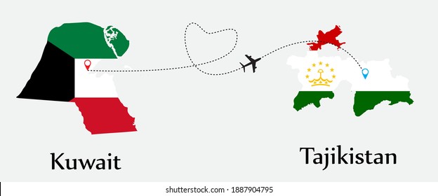 Airplane transport from Kuwait to Tajikistan. Concept a good tour travel and business of both country. And flags symbol on maps. EPS.file.