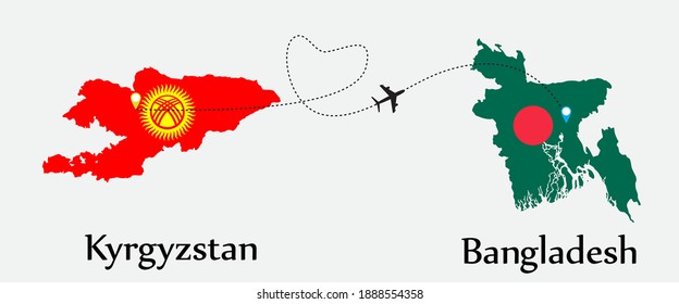 Airplane transport from Kyrgyzstan to Bangladesh. Concept a good tour travel and business of both country. And flags symbol on maps. EPS.file.