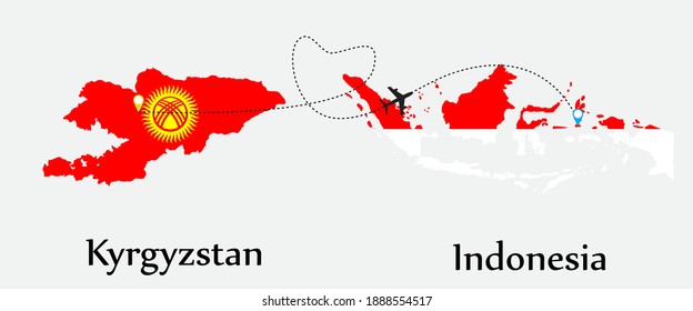 Airplane transport from Kyrgyzstan to Indonesia. Concept a good tour travel and business of both country. And flags symbol on maps. EPS.file.