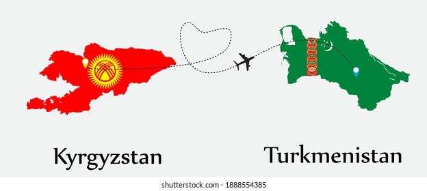Airplane transport from Kyrgyzstan to Turkmenistan. Concept a good tour travel and business of both country. And flags symbol on maps. EPS.file.