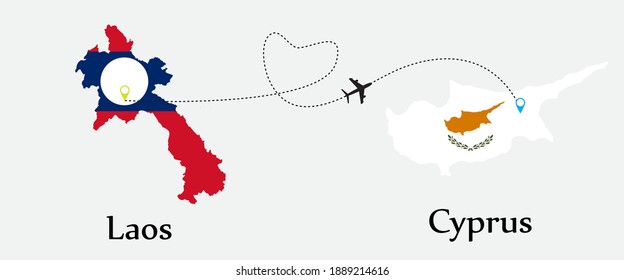 Airplane transport from Laos to Cyprus. Concept a good tour travel and business of both country. And flags symbol on maps. EPS.file.