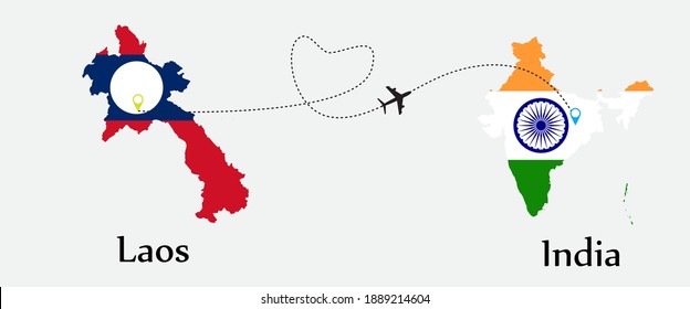 Airplane transport from Laos to India. Concept a good tour travel and business of both country. And flags symbol on maps. EPS.file.