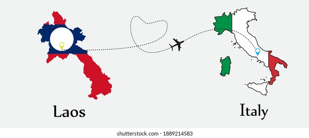 Airplane transport from Laos to Italy. Concept a good tour travel and business of both country. And flags symbol on maps. EPS.file.