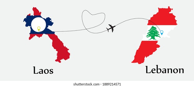 Airplane transport from Laos to Lebanon. Concept a good tour travel and business of both country. And flags symbol on maps. EPS.file.