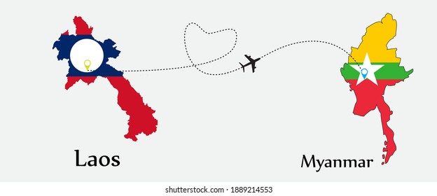 Airplane transport from Laos to Myanmar. Concept a good tour travel and business of both country. And flags symbol on maps. EPS.file.