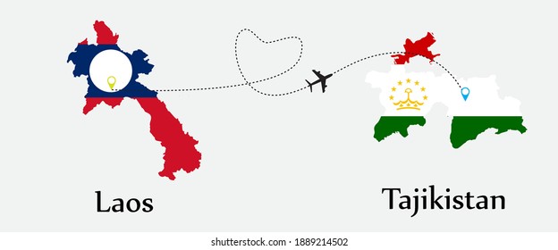 Airplane transport from Laos to Tajikistan. Concept a good tour travel and business of both country. And flags symbol on maps. EPS.file.