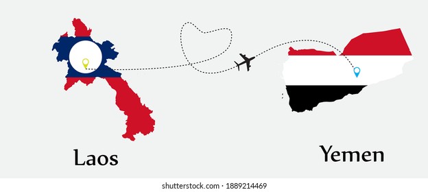Airplane transport from Laos to Yemen. Concept a good tour travel and business of both country. And flags symbol on maps. EPS.file.