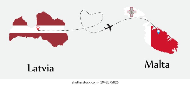 Airplane transport from Latvia to Malta. Concept a good tour travel and business of both country. And flags symbol on maps. EPS.file.