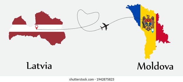 Airplane transport from Latvia to Moldova. Concept a good tour travel and business of both country. And flags symbol on maps. EPS.file.