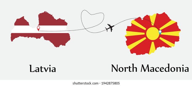 Airplane transport from Latvia to North Macedonia. Concept a good tour travel and business of both country. And flags symbol on maps. EPS.file.