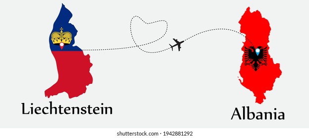 Airplane transport from Liechtenstein to Albania. Concept a good tour travel and business of both country. And flags symbol on maps. EPS.file.
