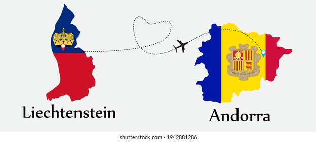 Airplane transport from Liechtenstein to Andorra. Concept a good tour travel and business of both country. And flags symbol on maps. EPS.file.