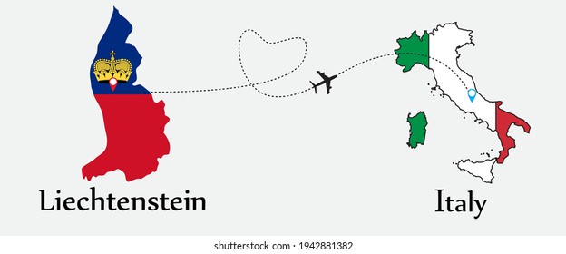 Airplane transport from Liechtenstein to Italy. Concept a good tour travel and business of both country. And flags symbol on maps. EPS.file.