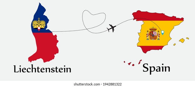 Airplane transport from Liechtenstein to Spain. Concept a good tour travel and business of both country. And flags symbol on maps. EPS.file.