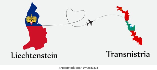 Airplane transport from Liechtenstein to Transnistria. Concept a good tour travel and business of both country. And flags symbol on maps. EPS.file.