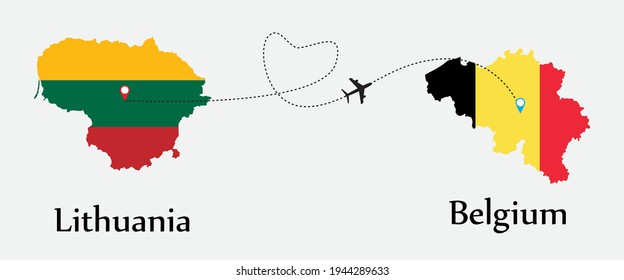 Airplane transport from Lithuania to Belgium. Concept a good tour travel and business of both country. And flags symbol on maps. EPS.file.