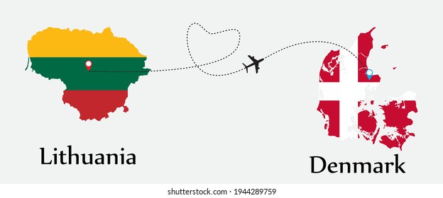 Airplane transport from Lithuania to Denmark. Concept a good tour travel and business of both country. And flags symbol on maps. EPS.file.