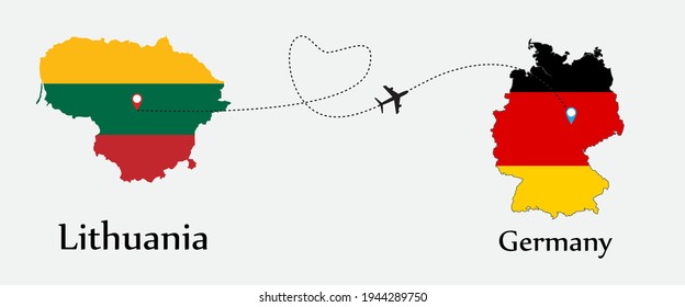 Airplane transport from Lithuania to Germany. Concept a good tour travel and business of both country. And flags symbol on maps. EPS.file.