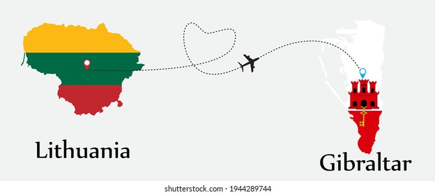 Airplane transport from Lithuania to Gibraltar. Concept a good tour travel and business of both country. And flags symbol on maps. EPS.file.