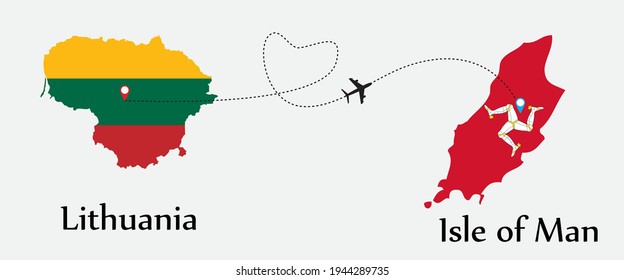 Airplane transport from Lithuania to Isle of Man. Concept a good tour travel and business of both country. And flags symbol on maps. EPS.file.