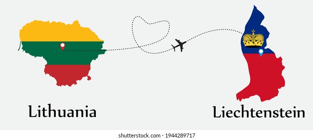 Airplane transport from Lithuania to Liechtenstein. Concept a good tour travel and business of both country. And flags symbol on maps. EPS.file.