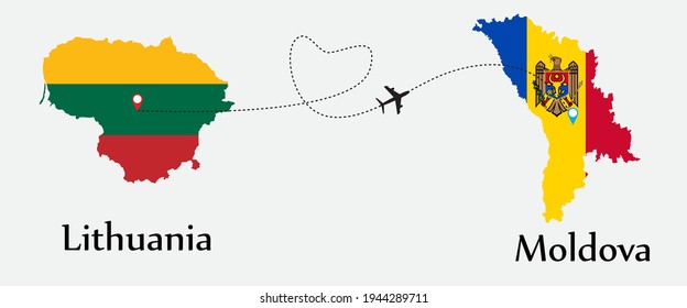 Airplane transport from Lithuania to Moldova. Concept a good tour travel and business of both country. And flags symbol on maps. EPS.file.