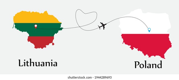 Airplane transport from Lithuania to Poland. Concept a good tour travel and business of both country. And flags symbol on maps. EPS.file.