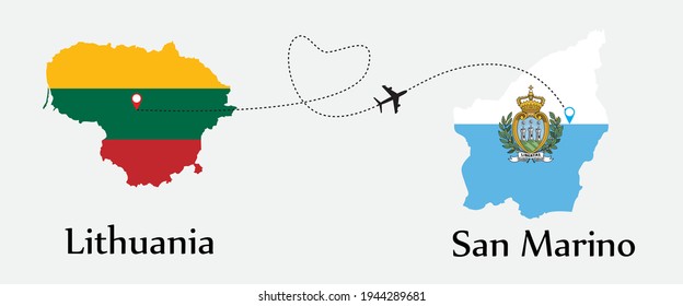 Airplane transport from Lithuania to San Marino. Concept a good tour travel and business of both country. And flags symbol on maps. EPS.file.