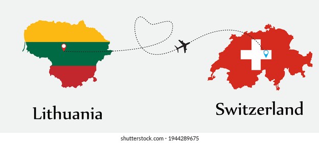 Airplane transport from Lithuania to Switzerland. Concept a good tour travel and business of both country. And flags symbol on maps. EPS.file.