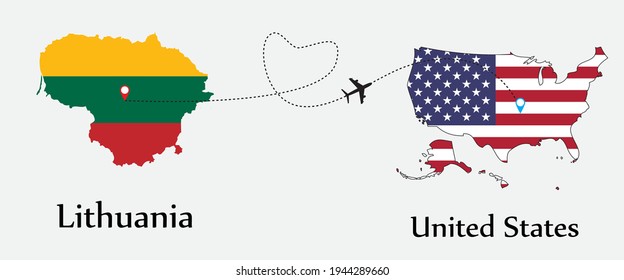 Airplane transport from Lithuania to United States. Concept a good tour travel and business of both country. And flags symbol on maps. EPS.file.