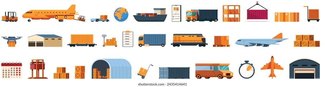 Iconos de logística de transporte de avión conjunto vector de dibujos animados. Carga de entrega del vehículo. Seguimiento de transporte