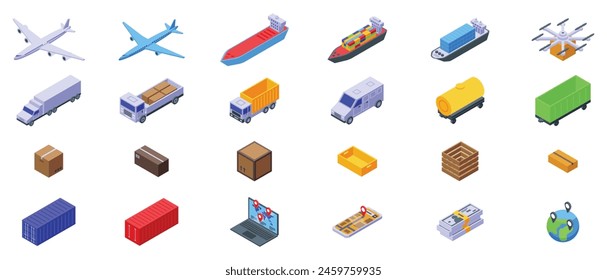 Iconos de logística de transporte de avión conjunto de Vector isométrico. Distribución del vehículo. Transporte de carga