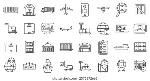 Airplane transport logistics icons set. Line icons illustrating various aspects of logistics, delivery, and supply chain management, including shipping, warehousing, and tracking