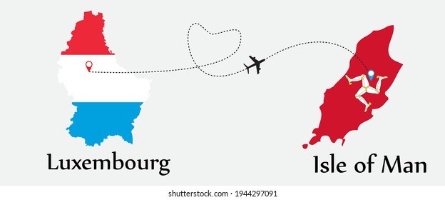 Airplane transport from Luxembourg to Isle of Man. Concept a good tour travel and business of both country. And flags symbol on maps. EPS.file.