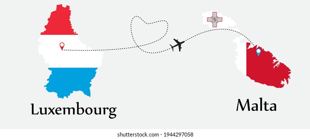 Airplane transport from Luxembourg to Malta. Concept a good tour travel and business of both country. And flags symbol on maps. EPS.file.