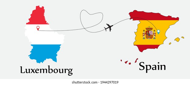 Airplane transport from Luxembourg to Spain. Concept a good tour travel and business of both country. And flags symbol on maps. EPS.file.