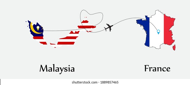Airplane transport from Malaysia to France. Concept a good tour travel and business of both country. And flags symbol on maps. EPS.file.