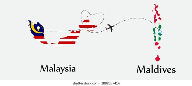 Airplane transport from Malaysia to Maldives. Concept a good tour travel and business of both country. And flags symbol on maps. EPS.file.