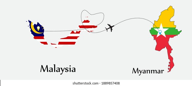 Airplane transport from Malaysia to Myanmar. Concept a good tour travel and business of both country. And flags symbol on maps. EPS.file.
