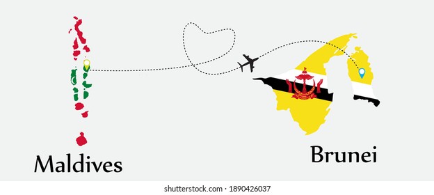 Airplane transport from Maldives to Brunei. Concept a good tour travel and business of both country. And flags symbol on maps. EPS.file.
