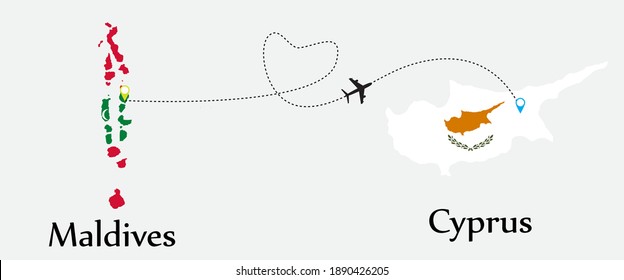 Airplane transport from Maldives to Cyprus. Concept a good tour travel and business of both country. And flags symbol on maps. EPS.file.