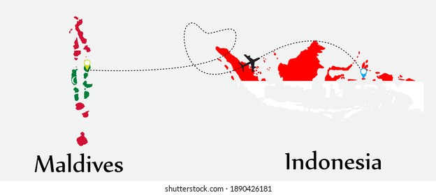 Airplane transport from Maldives to Indonesia. Concept a good tour travel and business of both country. And flags symbol on maps. EPS.file.