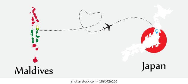 Airplane transport from Maldives to Japan. Concept a good tour travel and business of both country. And flags symbol on maps. EPS.file.