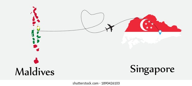 Airplane transport from Maldives to Singapore. Concept a good tour travel and business of both country. And flags symbol on maps. EPS.file.