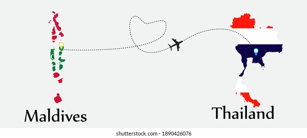 Airplane transport from Maldives to Thailand. Concept a good tour travel and business of both country. And flags symbol on maps. EPS.file.