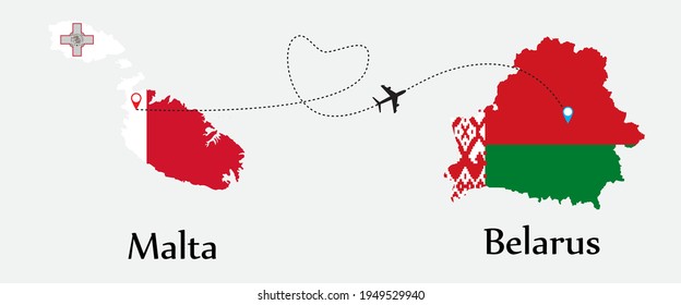 Airplane transport from Malta to Belarus. Concept a good tour travel and business of both country. And flags symbol on maps. EPS.file.