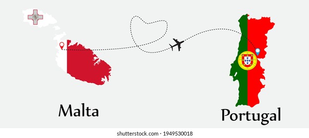 Airplane transport from Malta to Portugal. Concept a good tour travel and business of both country. And flags symbol on maps. EPS.file.