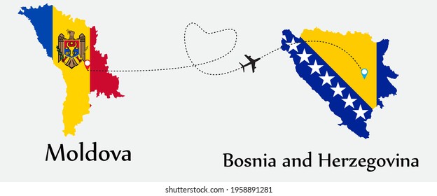 Airplane transport from Moldova to Bosnia and Herzegovina. Concept a good tour travel and business of both country. And flags symbol on maps. EPS.file.